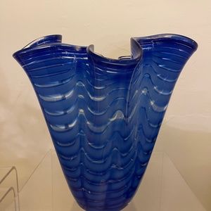 Handkerchief Ruffle Hand Blown Vase Wavy Edged Cobalt Blue and White Striped